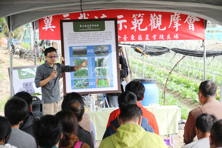 Assistant researcher Hsueh talks about winged bean cultivation techniques.