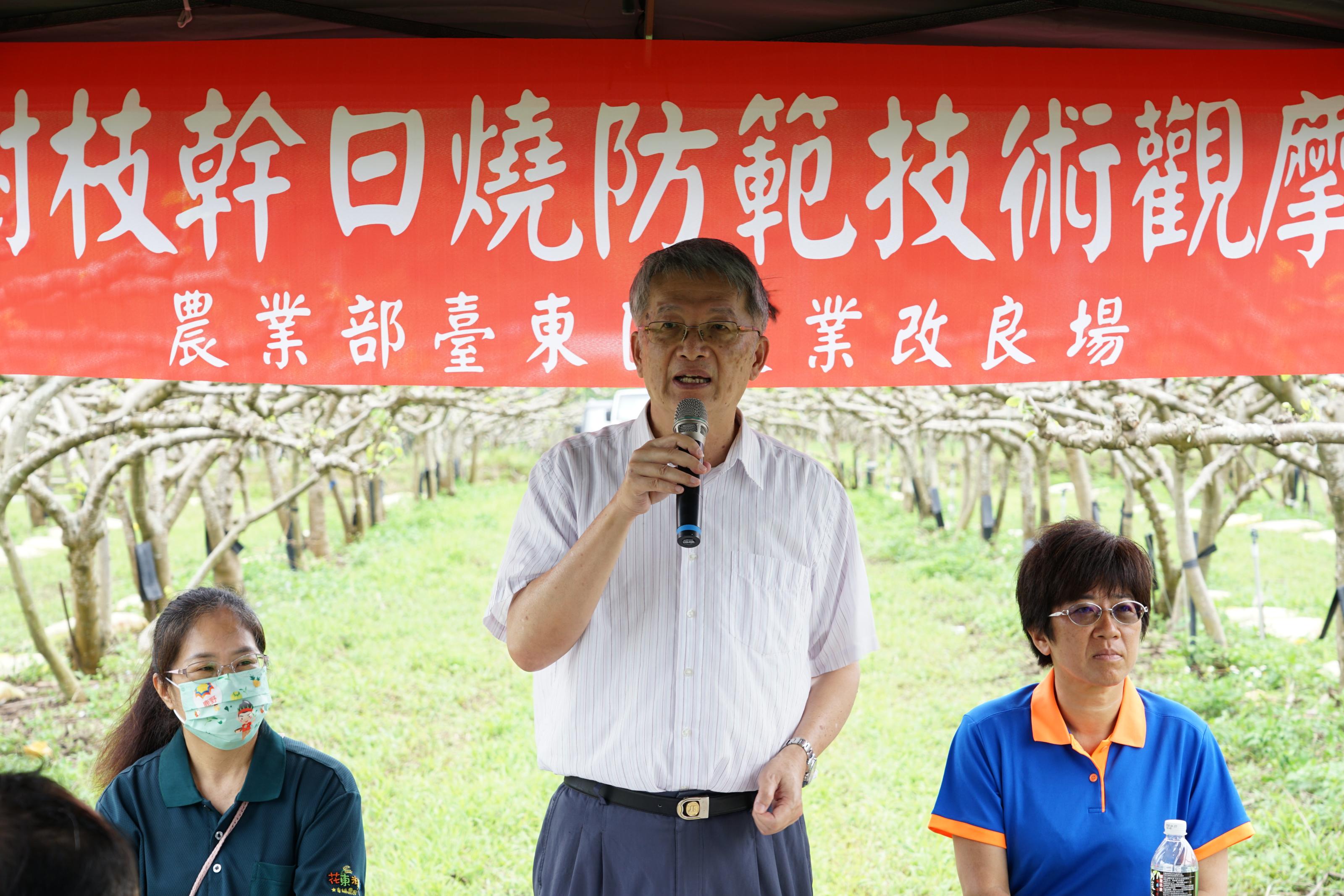 TTDARES Deputy Director Lu Po-song hosts the Fruit Tree Sunscald Prevention Demonstration Event.