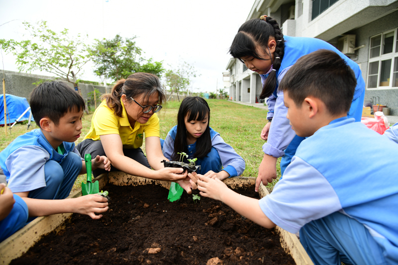 The instructor showing students how to transplant seedlings.