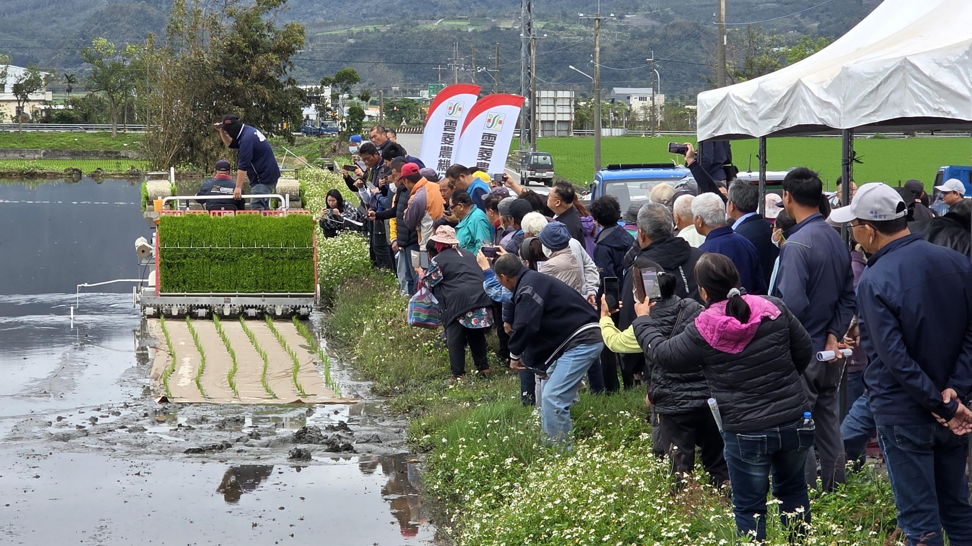Figure 2. Attendees eagerly watch a demonstration of rice being transplanted into a field accompanied by the laying of paper mulch. Figure 2. Attendees eagerly watch a demonstration of rice being transplanted into a field accompanied by the laying of paper mulch.